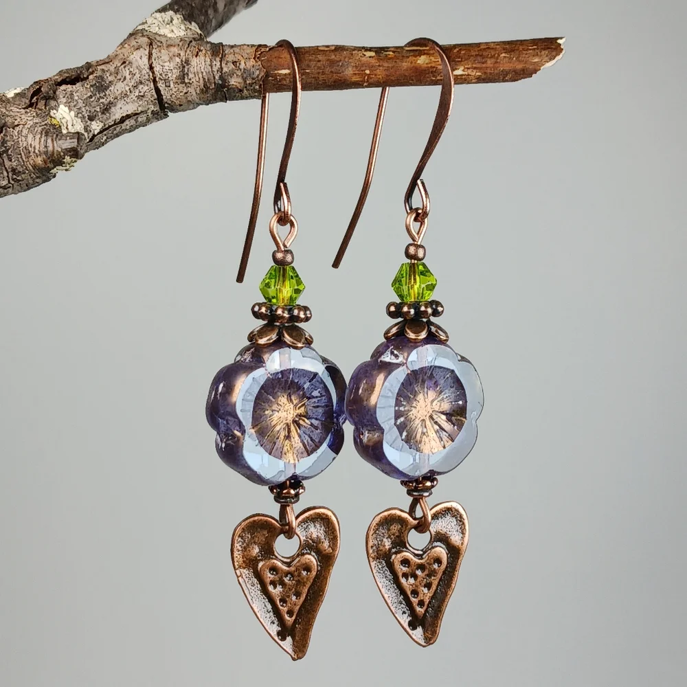 HAND CRAFTED EARRINGS Purple Czech Glass Flower Copper Heart Dangle Drop - Picture 4 of 7